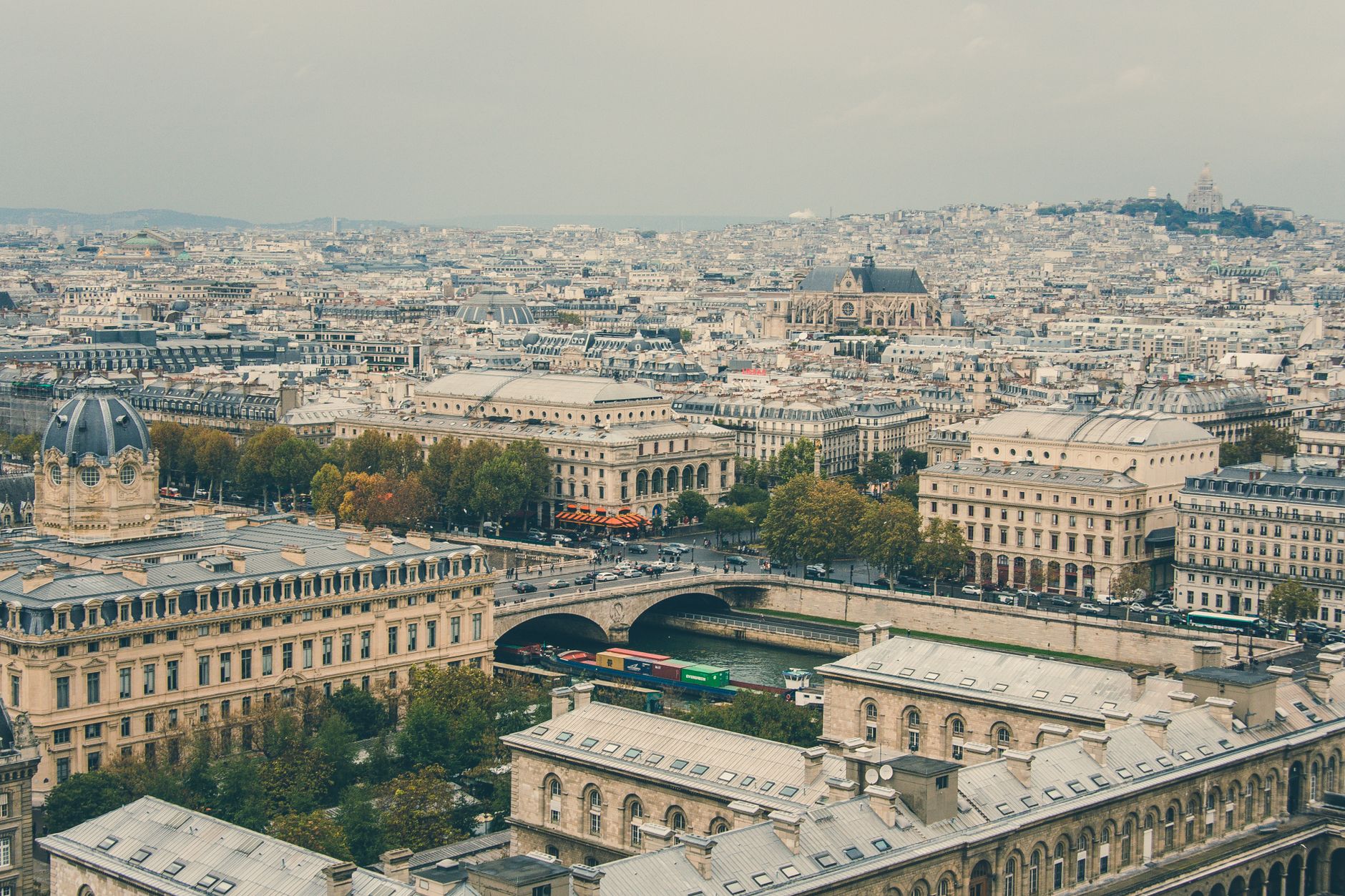 Parisian rooftops with zinc chimneys under a soft grey sky